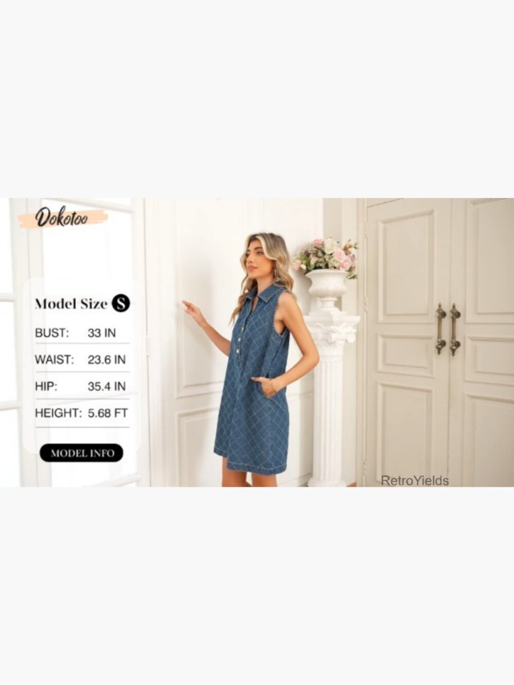 Sleeveless V-Neck Button Mini Jean Dress with Pockets - Picture 7 of 7